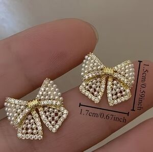 Earrings With Pearl Bow Design - Small Elegant Accessory - Gold Toned